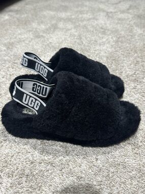 UGG Black Plush Slide Slippers with Elastic Heel Strap